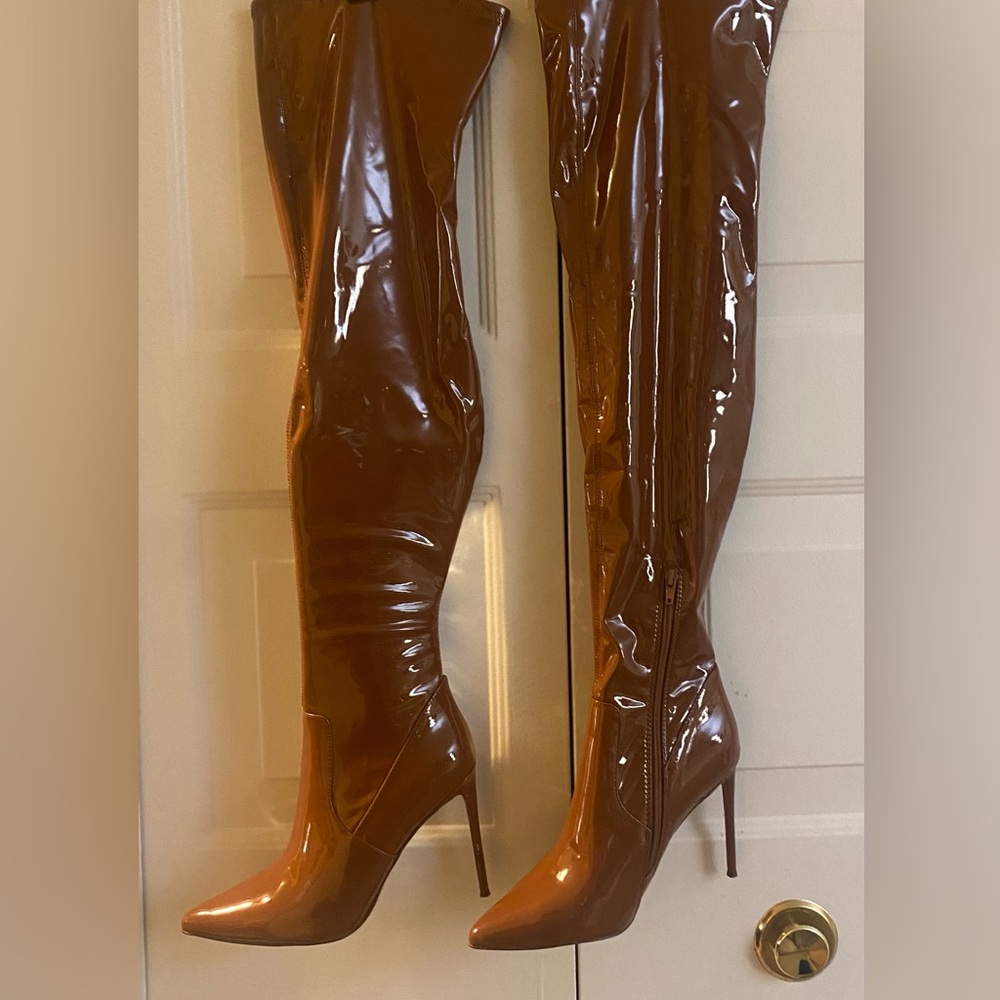 Steve Madden Tan Patent Over the Knee Boots